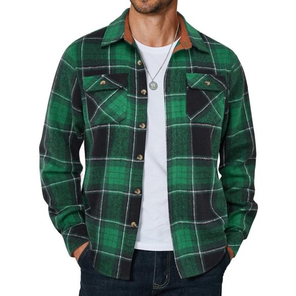 Coofandy Men Black Green Flannel Plaid Button Down Jacket Shirt with Pockets - Picture 1 of 5